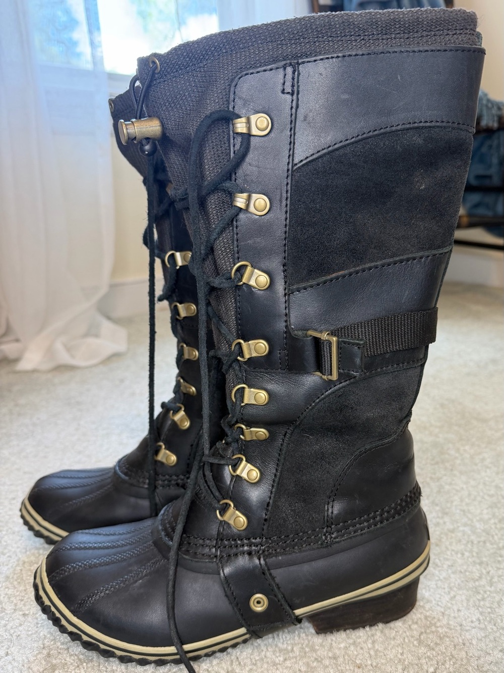 Sorel Black Lace-Up Tall Winter Boots with Brass Hardware